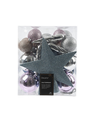 ADORNOS ARBOL 33 UD SURTIDOS AZU-LIL-PLATA