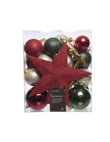 ADORNOS ARBOL 33 UD SURTIDOS VERDE-DORADO-ROJO